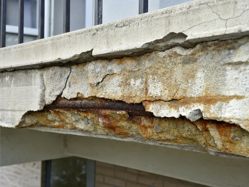 Concrete cancer repair showing rust-stained cracking and exposed reinforcing steel