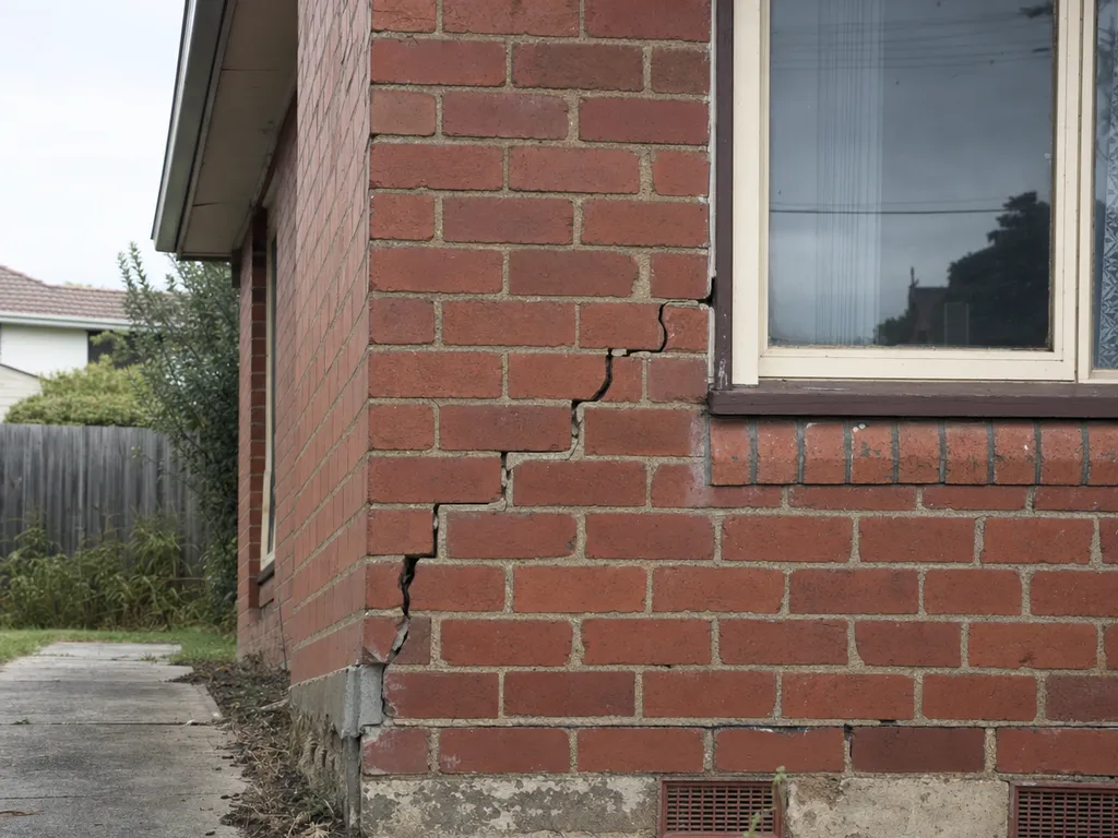 Foundation repair assessment on a Melbourne brick home showing a diagonal wall crack