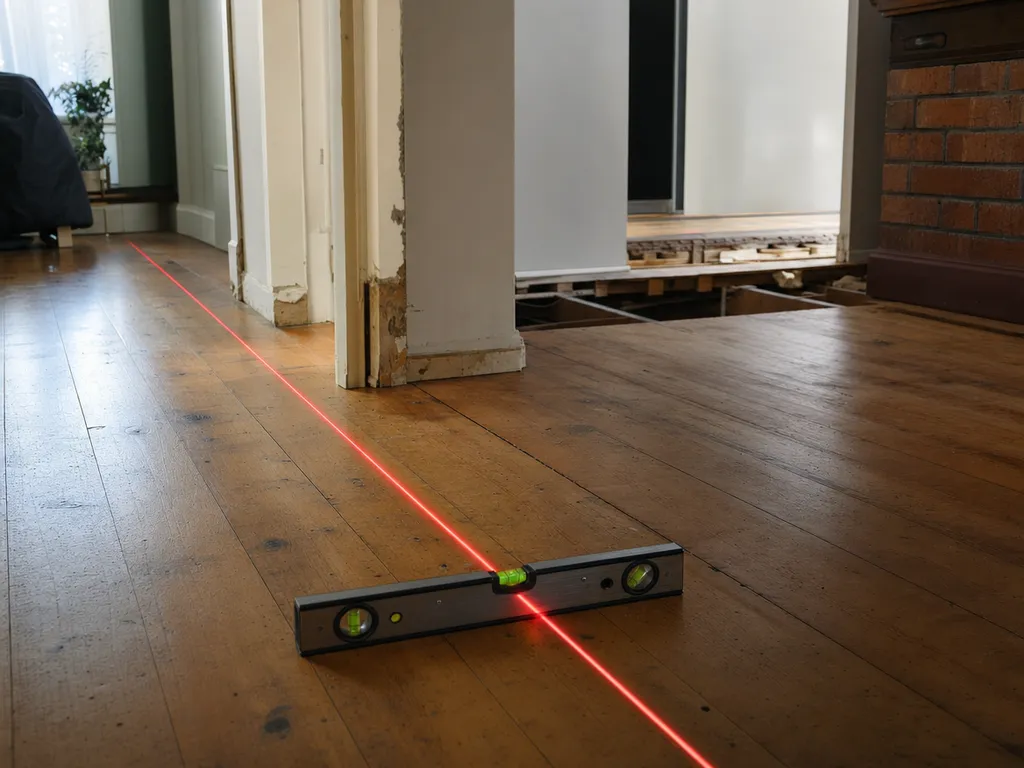 Laser level checking a sloping floor during house re-levelling in Melbourne
