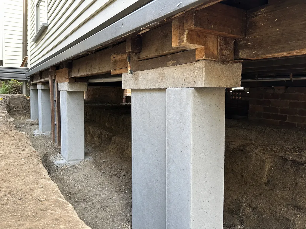 Mass concrete underpinning piers hand-dug and poured beneath a Melbourne footing