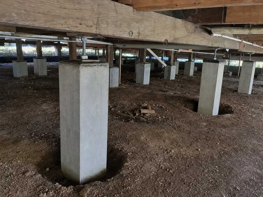 Reblocking a Melbourne home, replacing old stumps with new concrete stumps under the floor