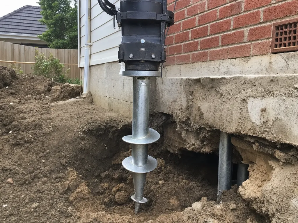 Screw pile (helical pile) being driven under a Melbourne home during underpinning
